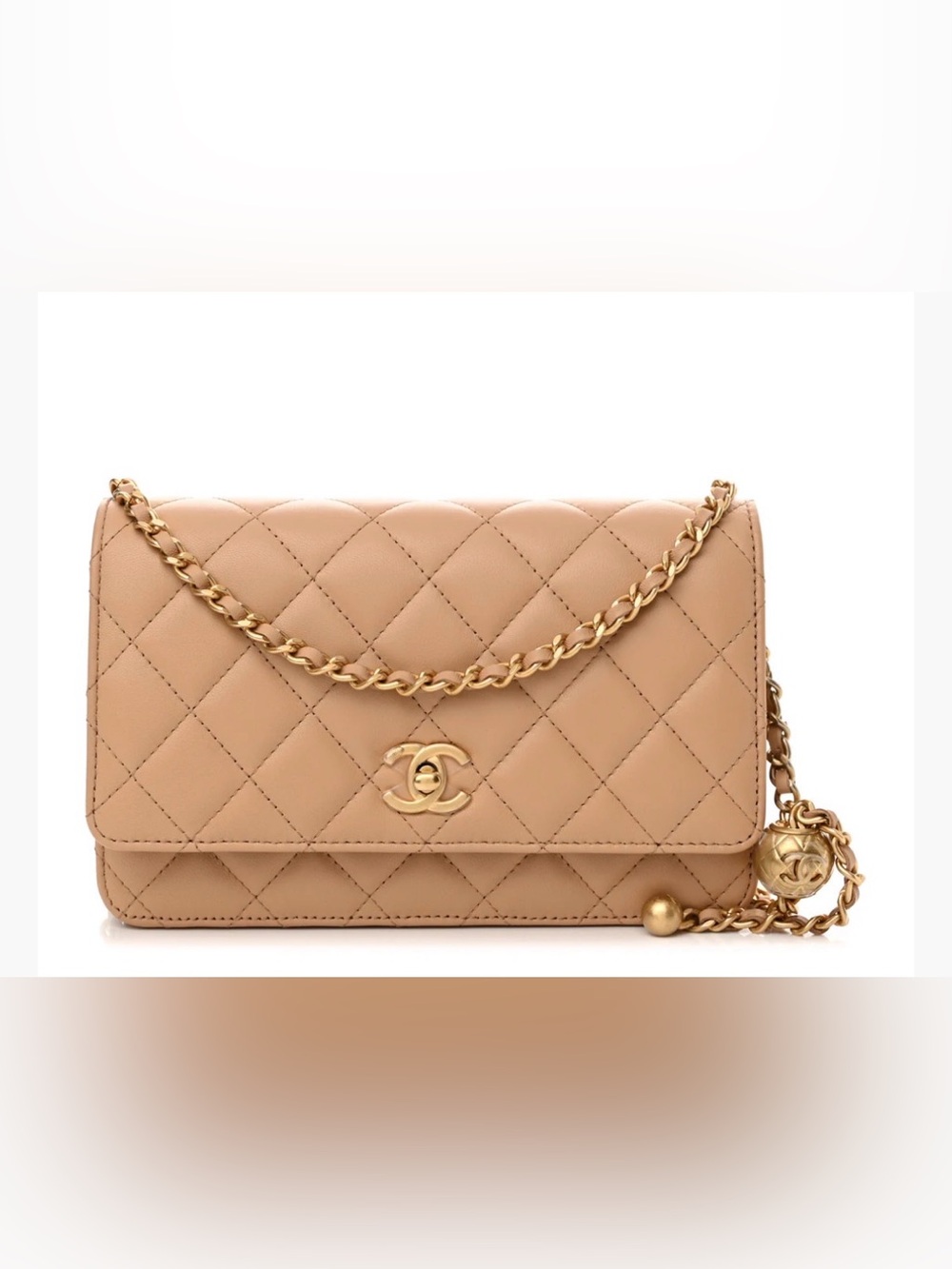 CHANEL Quilted Beige pearl crush Lambskin with Gold Hardware